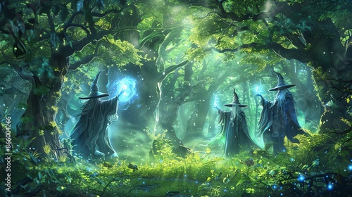 Illustrate a fantasythemed cartoon of wizards casting spells in a magical forest photo