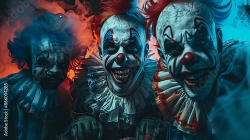 Scary Clowns in Smoke with Face Paint and Costumes
