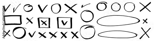 Handwritten checkbox set. Grungy vector doodle ok marks. Yes no hand drawn icons. X and V check marks, tick boxes, circles, ovals on transparent bg. Isolated rough bold wide chisel point marker lines