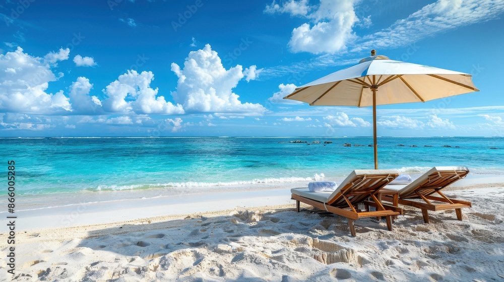 Relaxing beach scene with lounge chairs Relaxing beach scene with lounge chairs
