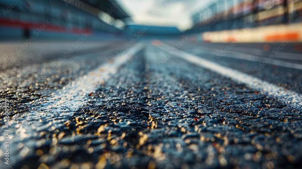 Close-up of Race Track Surface with White Lines at Dawn Close-up of Race Track Surface with White Lines at Dawn