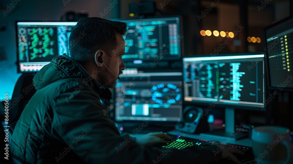Computer programmer working on multiple screens in a dark room Computer programmer working on multiple screens in a dark room
