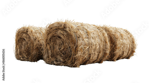 Three large hay bales neatly arranged, perfect for agricultural themes and farming stock photos. Isolated on a white background, transparent background. photo