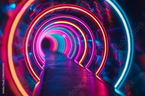 Neon empty corridor. Abstract neon background with waves, lines, curves. Bright light. Neon lighting, signboard. Bright dark backdrop