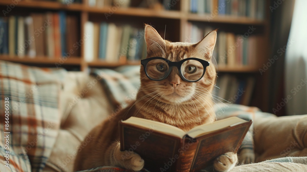 Cute Cat with Glasses Reading a Book on a Cozy Sofa Cute Cat with Glasses Reading a Book on a Cozy Sofa