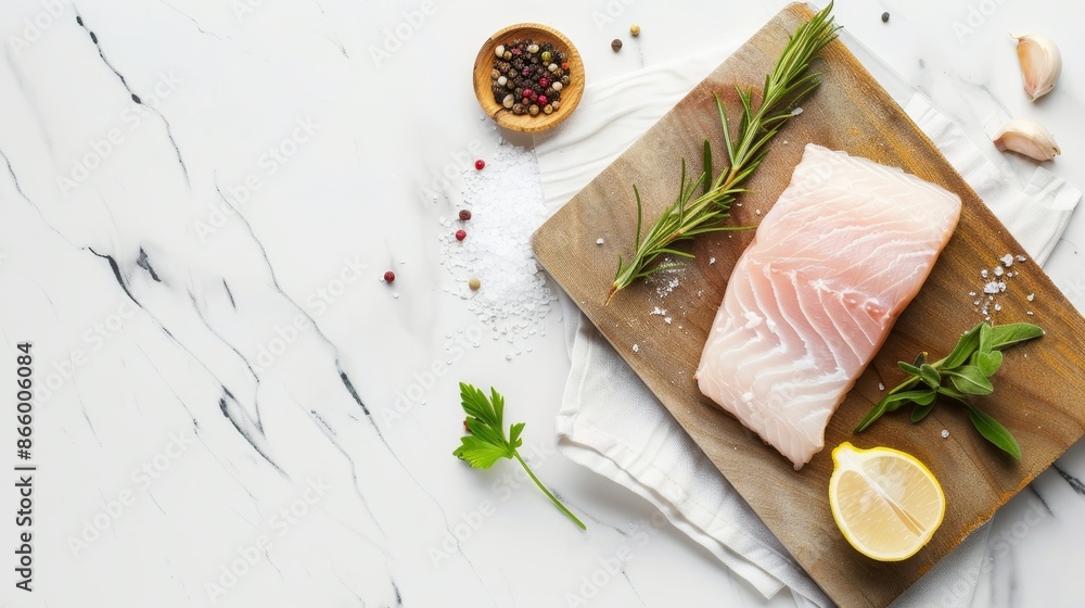 Fresh raw hake fish fillet on a cutting board, intricate textures, ready for cooking, accompanied by fresh herbs and sea salt, clean kitchen backdrop Fresh raw hake fish fillet on a cutting board, intricate textures, ready for cooking, accompanied by fresh herbs and sea salt, clean kitchen backdrop