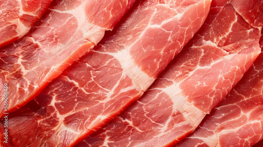 Fresh raw pork loin slices, detailed marbling, ready for culinary preparation, clean and pristine kitchen environment Fresh raw pork loin slices, detailed marbling, ready for culinary preparation, clean and pristine kitchen environment