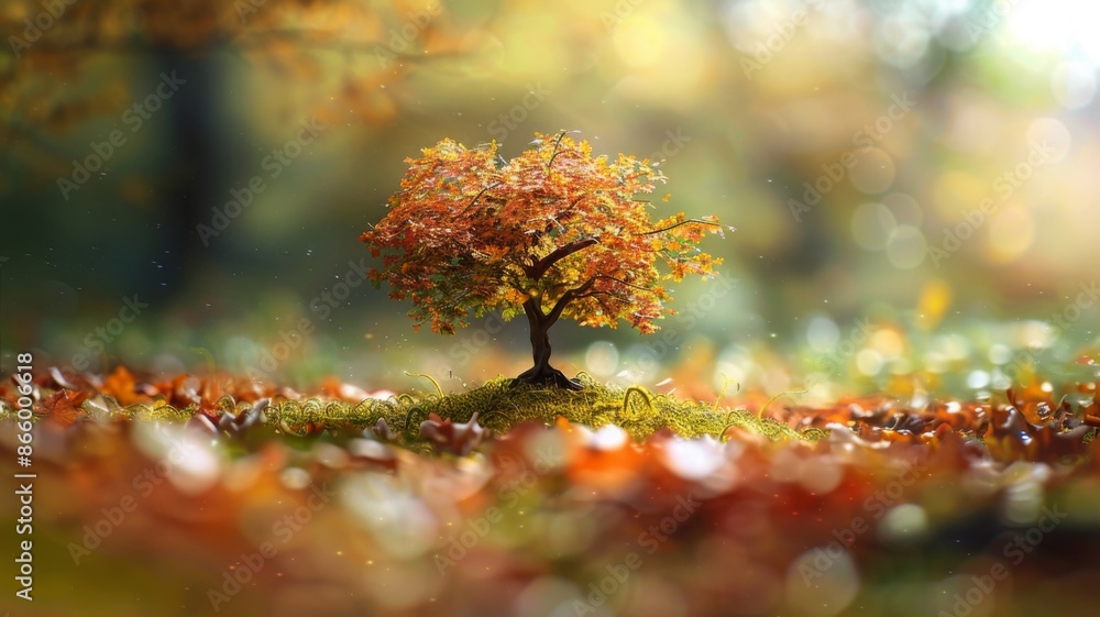 Serene miniature Autumn tree with colorful fallen leaves. Concept of Fall, nature, beauty, and tranquility.