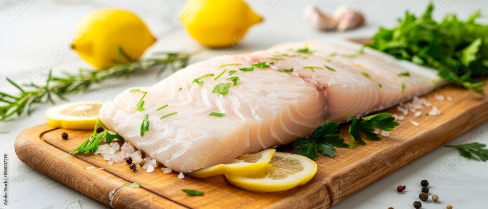 Freshly caught raw hake fish fillet on a wooden board, detailed texture, ready for cooking, surrounded by herbs and lemon slices, rustic kitchen setting Freshly caught raw hake fish fillet on a wooden board, detailed texture, ready for cooking, surrounded by herbs and lemon slices, rustic kitchen setting
