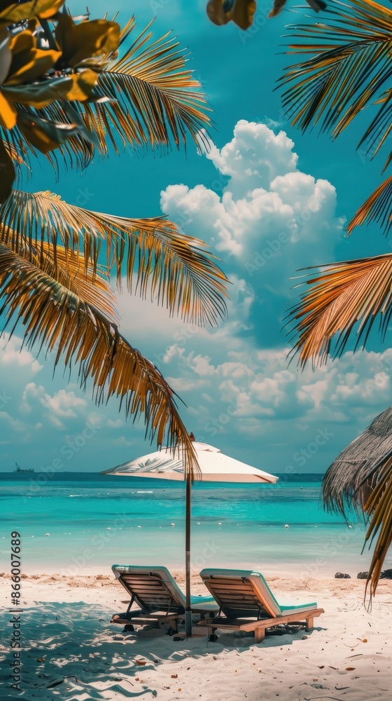 Obraz premium Two beach chairs sit under a palm tree on a sunny day