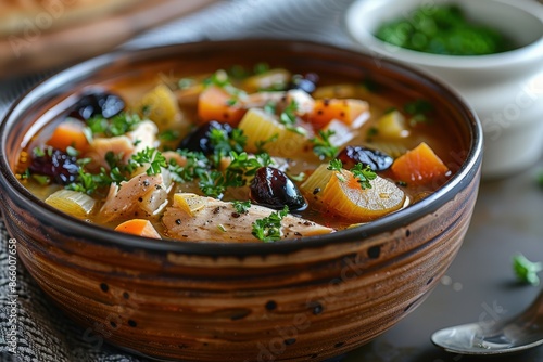 A bowl of cock-a-leekie soup, featuring chicken, leeks, and prunes, garnished with parsley. 