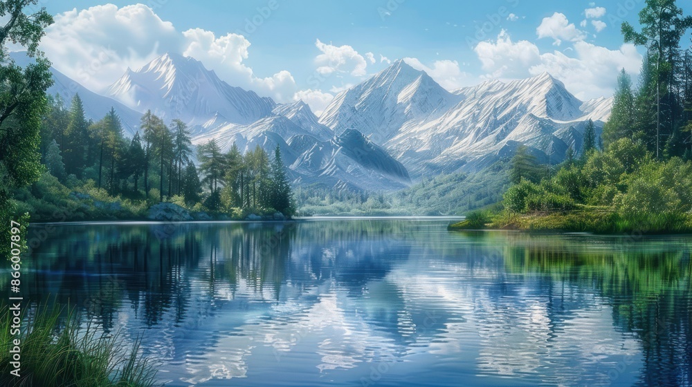 Serene mountain lake reflecting snow-capped peaks under a bright blue sky. Serene mountain lake reflecting snow-capped peaks under a bright blue sky.