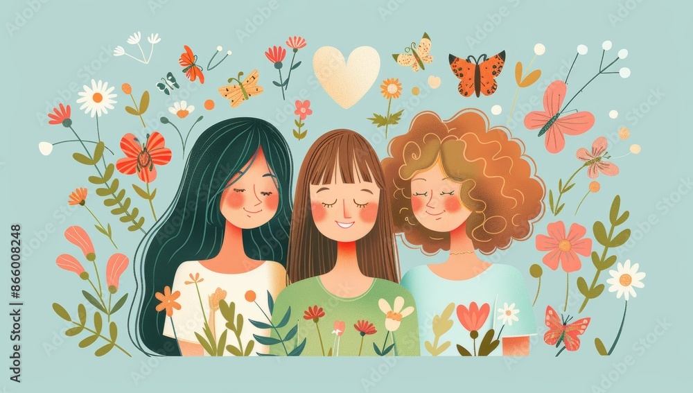 Fototapeta premium Three women with diverse hairstyles and skin tones embrace in a colorful garden, smiling with eyes closed