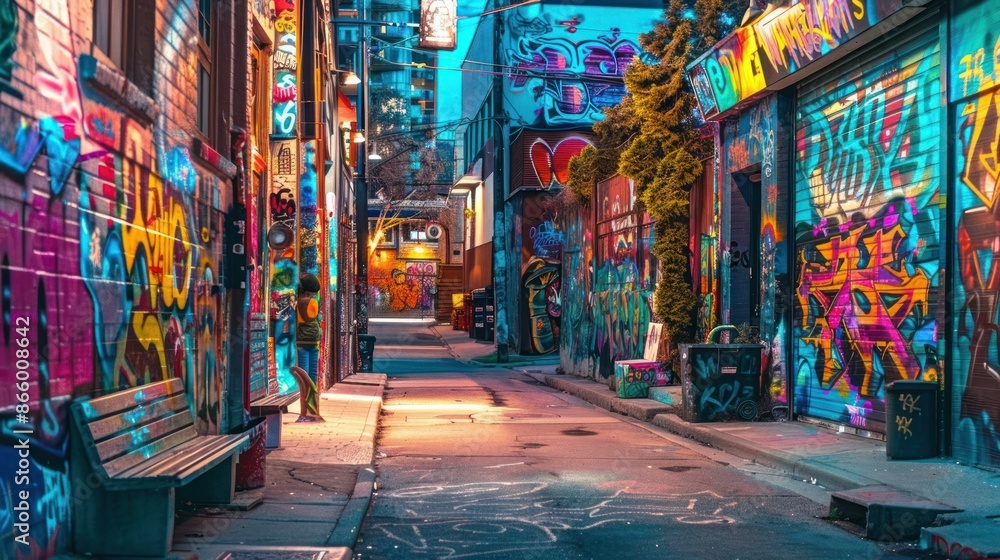 Fototapeta premium A narrow alleyway with colorful graffiti art on the walls. A bench sits in the foreground, and the street is lit by streetlights.
