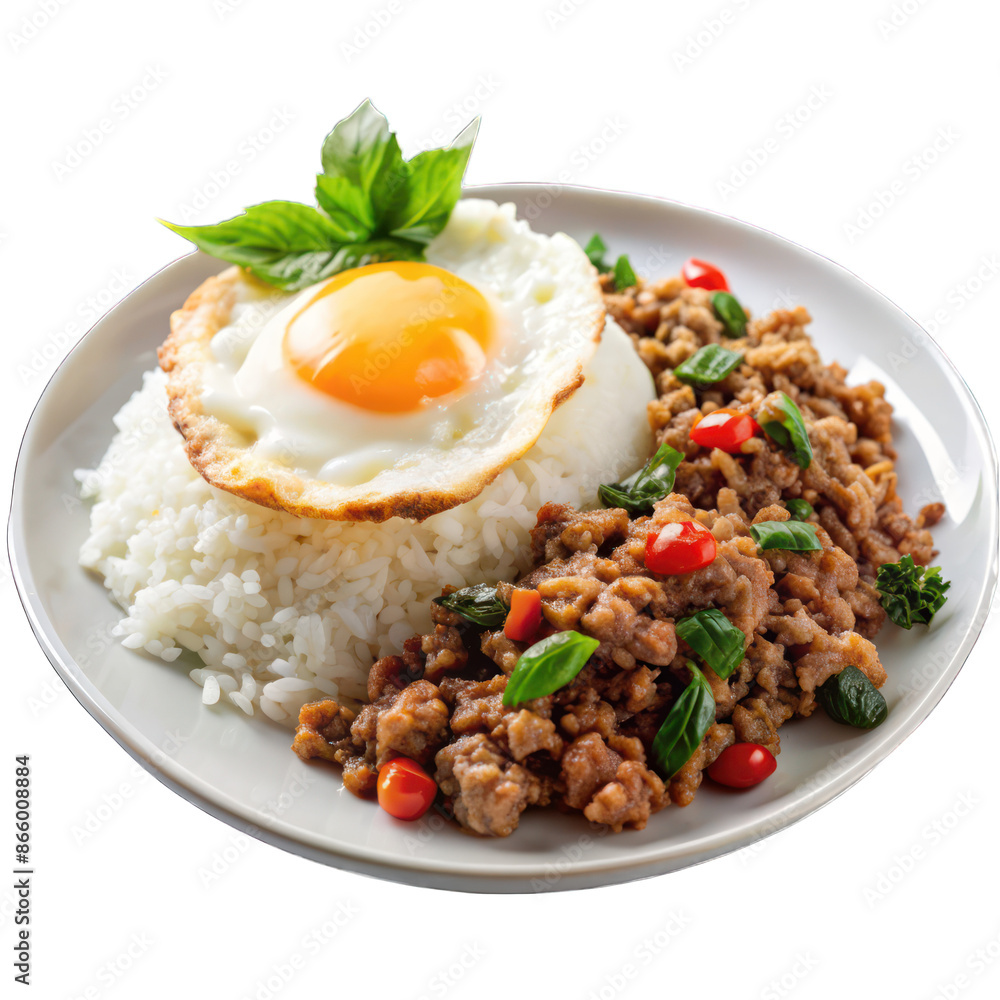 Basil minced pork with rice and fried egg on white plate on transparent background Basil minced pork with rice and fried egg on white plate on transparent background