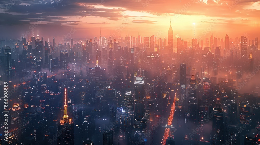 Fototapeta premium A futuristic cityscape at sunset, with towering buildings and glowing lights. The sky is ablaze with vibrant colors, creating a dramatic and awe-inspiring scene.