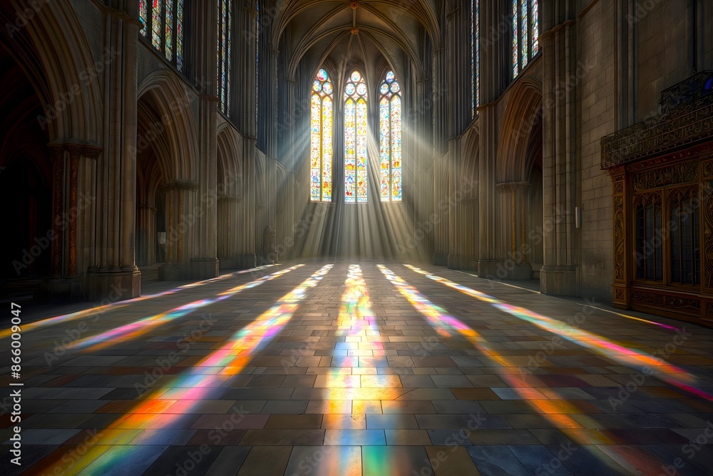 A beautiful stained glass window with colorful light rays streaming through, illuminating the floor and walls of an ancient cathedral. A beautiful stained glass window with colorful light rays streaming through, illuminating the floor and walls of an ancient cathedral.