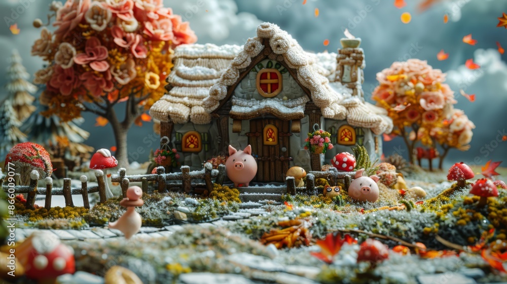 Obraz premium Whimsical fairytale cottage in an enchanted forest, surrounded by cute pigs, mushrooms, and falling leaves. Concept of magic, fantasy, and autumn.