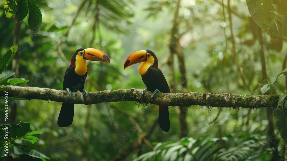 Two toucans on a branch in a lush green rainforest Two toucans on a branch in a lush green rainforest