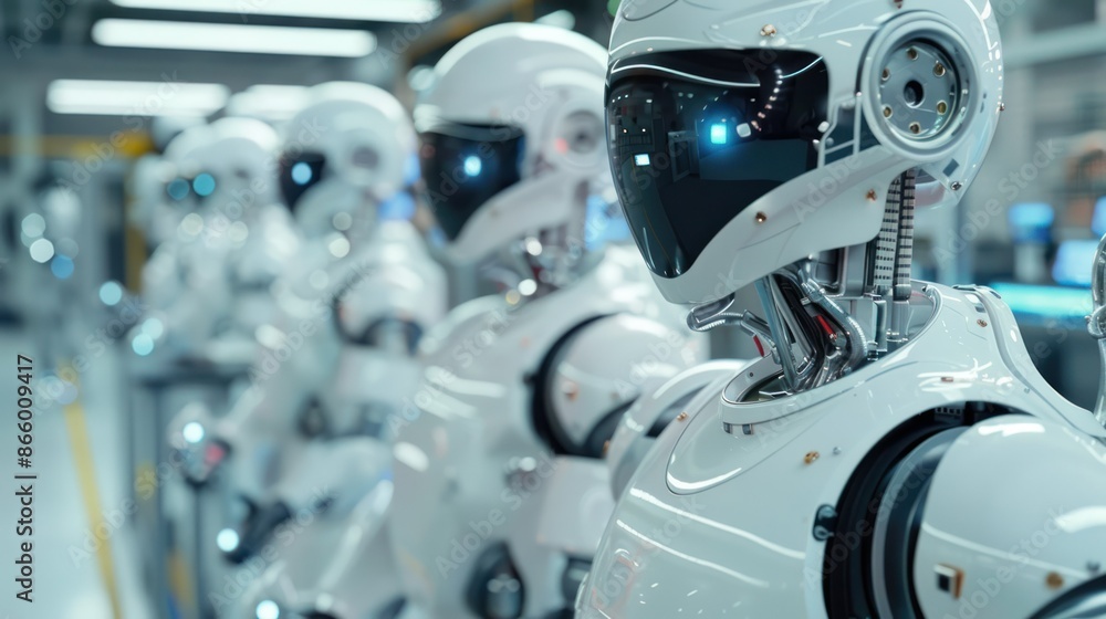 A line of white humanoid robots with glowing blue eyes stand in an industrial setting. The robots represent automation and the future of work. A line of white humanoid robots with glowing blue eyes stand in an industrial setting. The robots represent automation and the future of work.