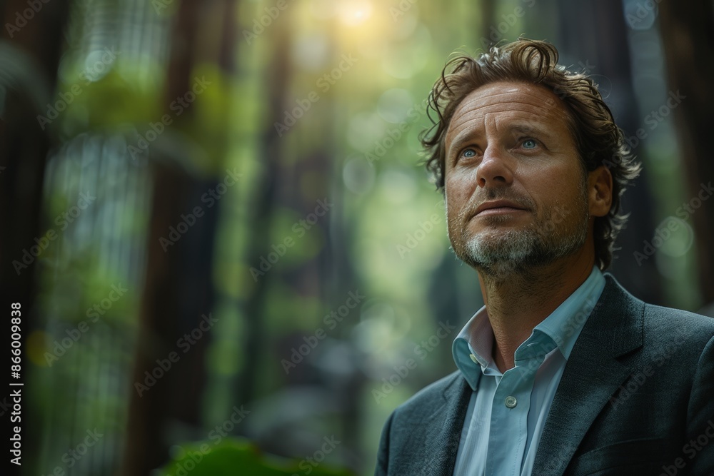 Man in suit standing in lush green forest, looking upwards. Symbolizes leadership in environmental conservation, sustainability, highlighting dedication preserving nature, reducing carbon footprint. Man in suit standing in lush green forest, looking upwards. Symbolizes leadership in environmental conservation, sustainability, highlighting dedication preserving nature, reducing carbon footprint.