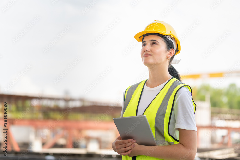 Fototapeta premium Cheerful female engineer with a digital tablet at the factory warehouse, Young beautiful woman foreman worker in the construction site