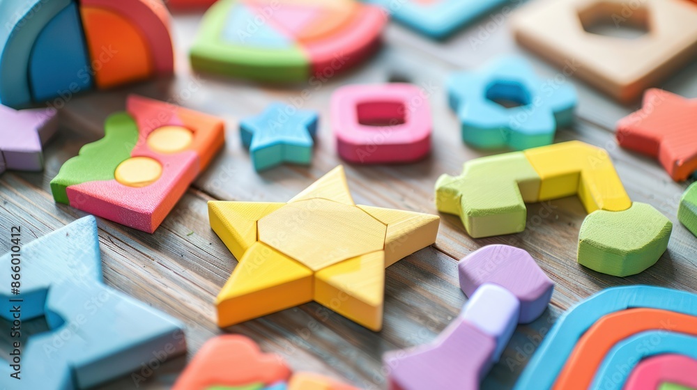 Colorful wooden toys scattered on a wooden surface. A yellow star is in focus. Photo captures creativity and childhood. Colorful wooden toys scattered on a wooden surface. A yellow star is in focus. Photo captures creativity and childhood.