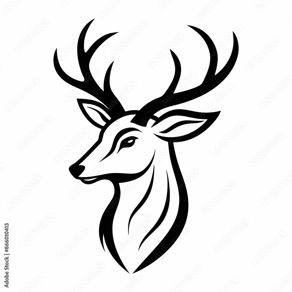 A monochrome illustration of a deers head featuring antlers A monochrome illustration of a deers head featuring antlers