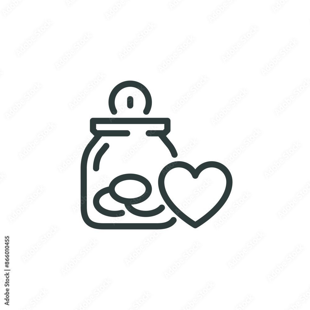 Obraz premium Thin outline icon tip jar or donation jar with a heart symbol. Line sign charity and donation, sponsorship contribution, humanitarian aid. Vector isolated pictogram on white background.