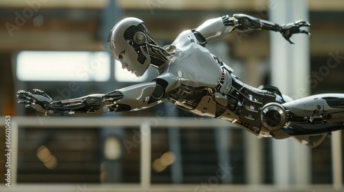 A metallic humanoid robot leaps through the air with outstretched arms, showcasing its advanced technology and agility.