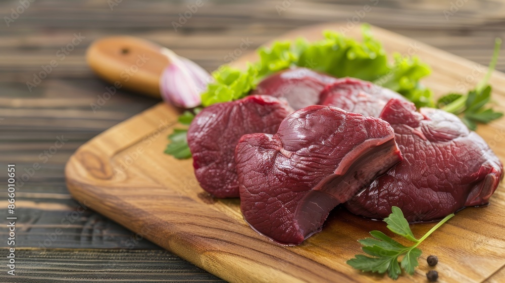 Freshly prepared beef heart offal on a cutting board, detailed texture, vibrant red color, kitchen setting, culinary focus Freshly prepared beef heart offal on a cutting board, detailed texture, vibrant red color, kitchen setting, culinary focus