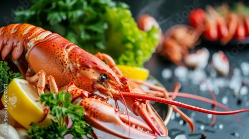 Freshly prepared raw lobster atop a mound of seafood, ready for cooking, vivid details, succulent and enticing arrangement photo