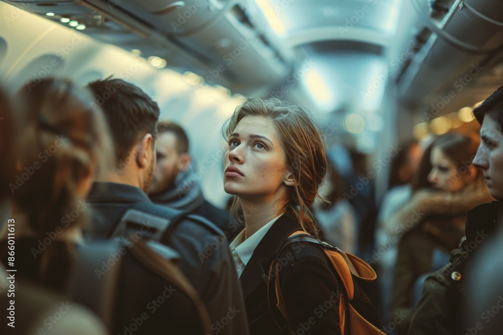 Young female passenger looking up, surrounded by people in crowded airplane aisle, environment and stress of flight training, emphasizing emergency procedures and customer interaction. Young female passenger looking up, surrounded by people in crowded airplane aisle, environment and stress of flight training, emphasizing emergency procedures and customer interaction.