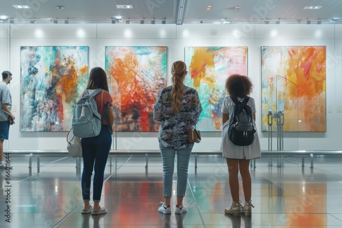 Three female tourists standing in front colorful abstract paintings in airport art exhibit. Modern, bright gallery space. Depicts appreciation for art and cultural experiences while traveling. photo