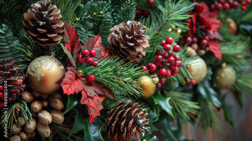 Fototapeta premium Festive decorations with Christmas greenery