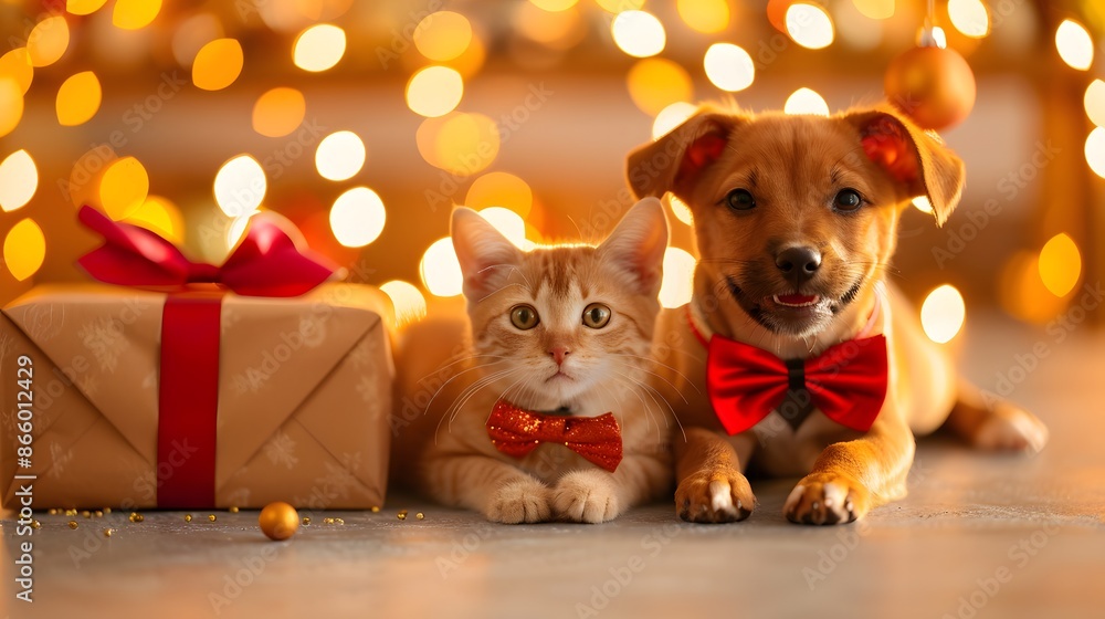 Festive Friends: Stylish Dog and Cat with Bow Ties Surrounded by Holiday Gift Boxes, Concept of Joyful Celebrations Festive Friends: Stylish Dog and Cat with Bow Ties Surrounded by Holiday Gift Boxes, Concept of Joyful Celebrations