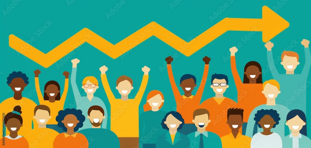 Naklejka premium Illustration group people cheering in front upward stock chart. Diverse individuals, colorful graphics, symbolizing financial growth, success, unity, and collective market excitement. Abstract.