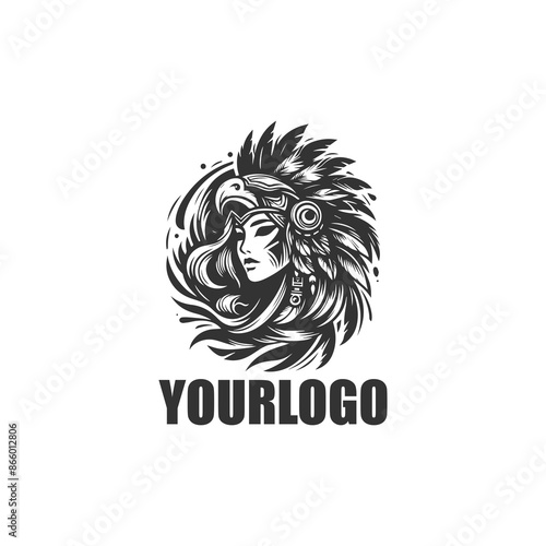 shaman indian girl with anomal hat logo and tatto designs vector