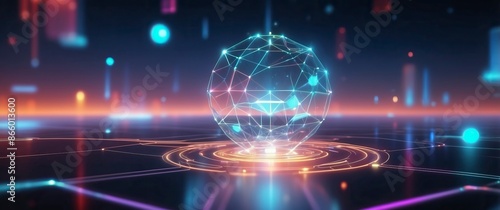 Futuristic digital sphere glowing with network connections, representing technology, innovation, and the concepts of AI, data visualization, and cyberspace.