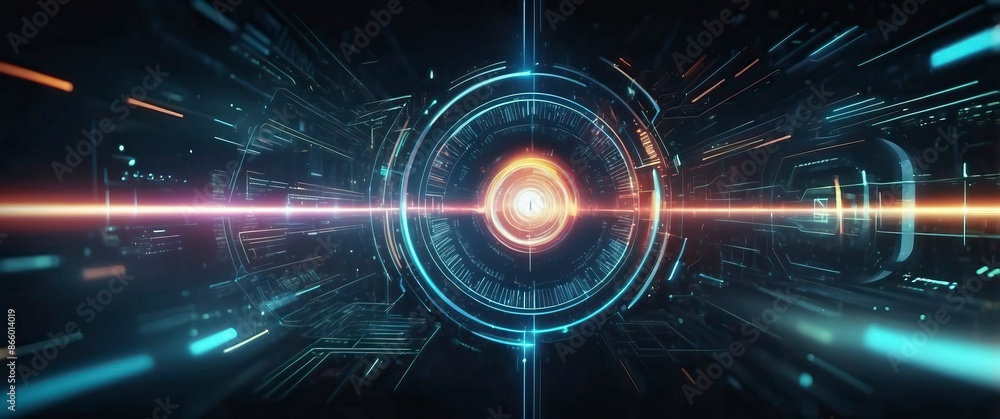 A stunning futuristic sci-fi illustration featuring a glowing circular digital interface with vibrant neon lights and abstract technological details. A stunning futuristic sci-fi illustration featuring a glowing circular digital interface with vibrant neon lights and abstract technological details.