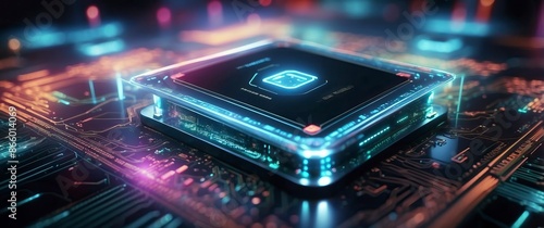 A glowing microprocessor on a circuit board, showcasing futuristic technology and innovation. Perfect for high-tech concepts, AI, and digital advancements. photo