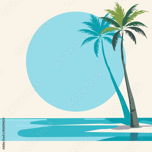 Bright summer background with palm tree and ocean, banner template with space for your text. Flat cartoon, vector. Minimalistic theme.

