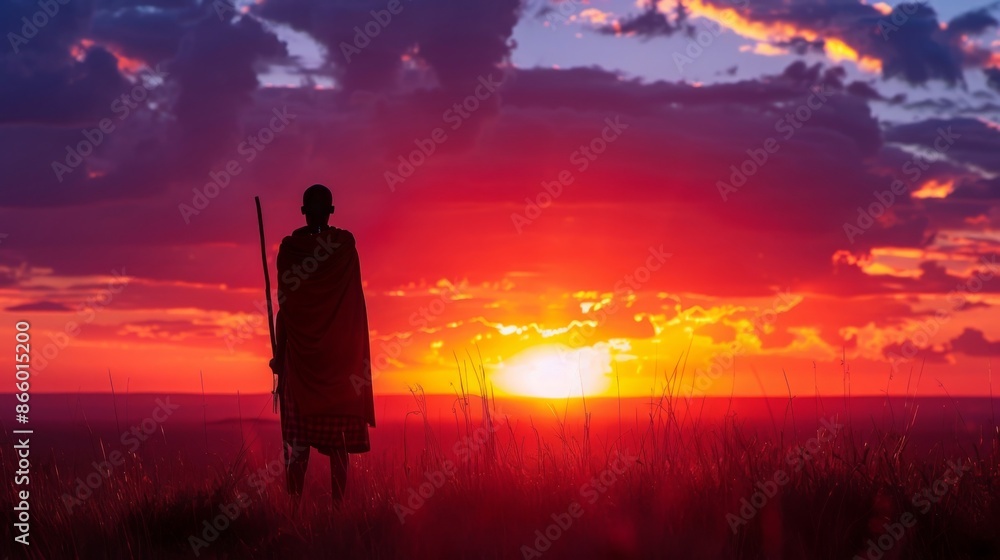 Silhouette of a person with a staff gazing at a breathtaking sunset on a grassy hill, vibrant red and orange hues fill the sky with scattered clouds Silhouette of a person with a staff gazing at a breathtaking sunset on a grassy hill, vibrant red and orange hues fill the sky with scattered clouds