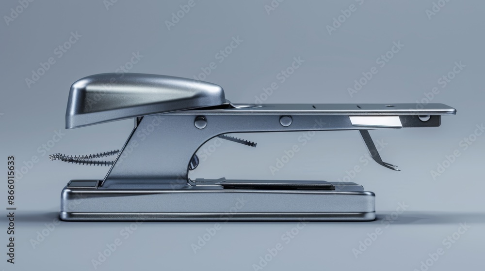 A stapler with a staple partially inserted, against a gray background. A stapler with a staple partially inserted, against a gray background.