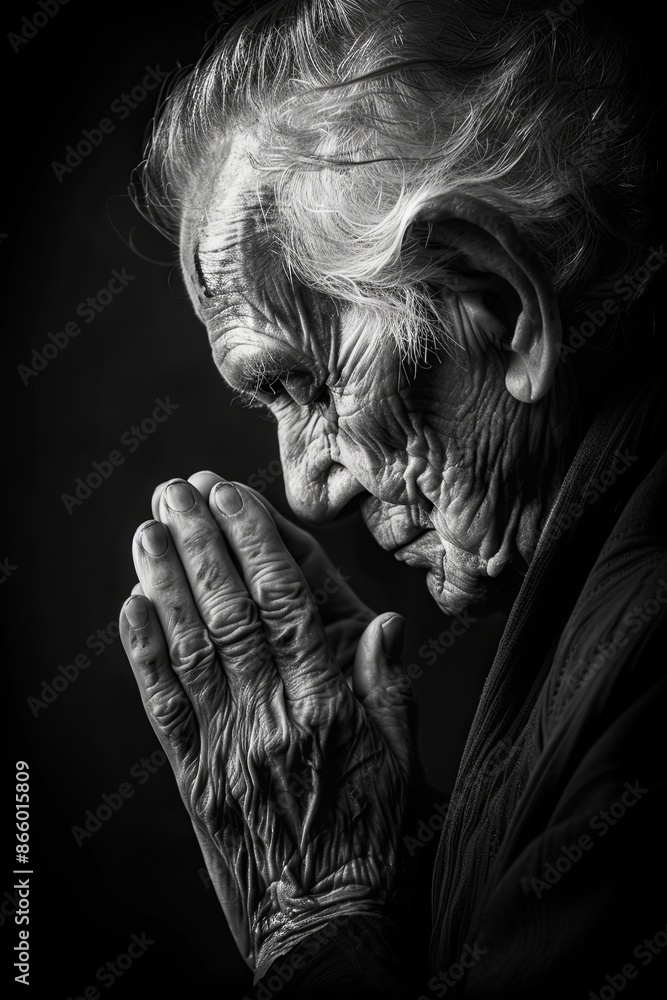 Black and white portrait of elderly woman deep in prayer, expressing faith, hope, and spirituality Black and white portrait of elderly woman deep in prayer, expressing faith, hope, and spirituality