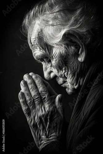 Black and white portrait of elderly woman deep in prayer, expressing faith, hope, and spirituality