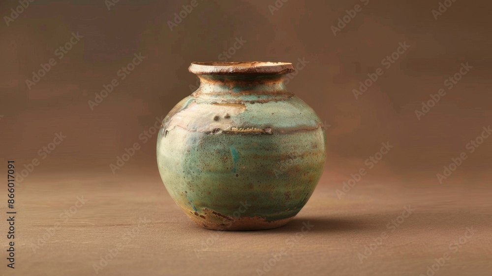 A single piece of pottery with a unique glaze, against a brown background. A single piece of pottery with a unique glaze, against a brown background.