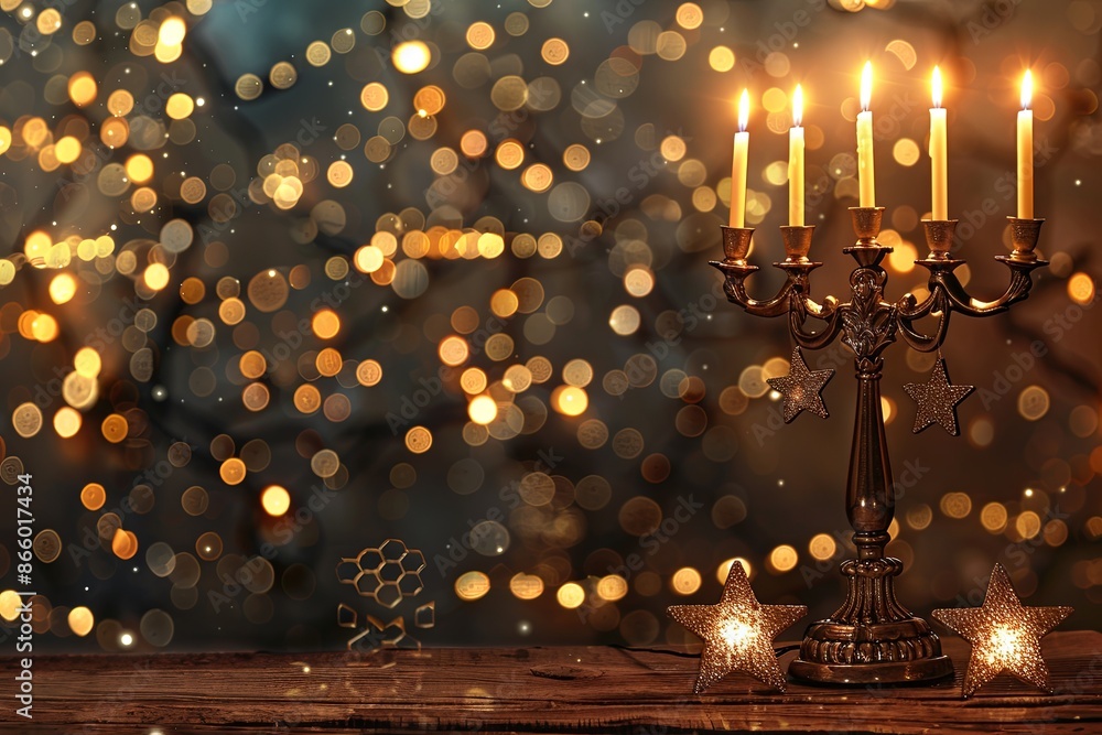 Elegant Menorah with Lit Candles and Festive Bokeh Lights for Christmas or Hanukkah Celebration Elegant Menorah with Lit Candles and Festive Bokeh Lights for Christmas or Hanukkah Celebration