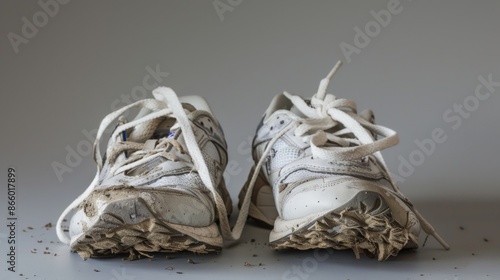 A pair of running shoes with worn soles, against a gray background.