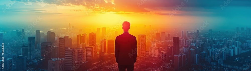Silhouette of a person standing and looking over a cityscape at sunrise, symbolizing new beginnings, opportunities, and the future. Silhouette of a person standing and looking over a cityscape at sunrise, symbolizing new beginnings, opportunities, and the future.
